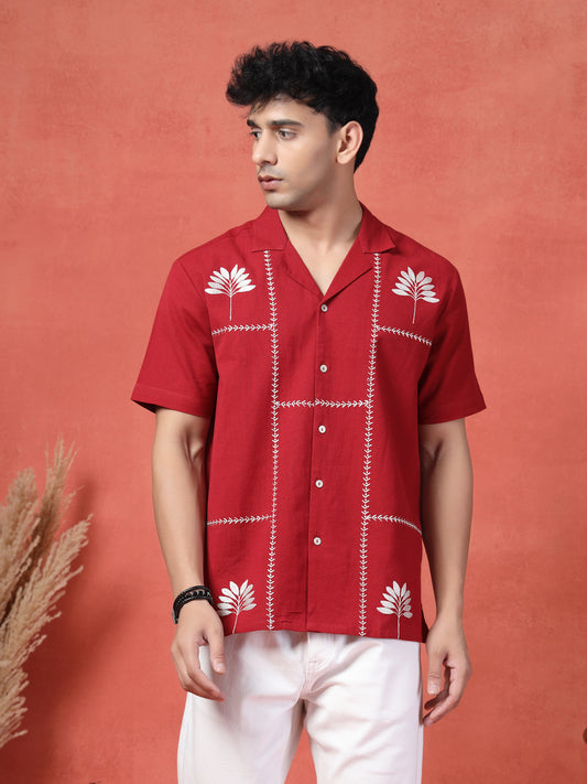 Men's Red Color Embroidered Cotton Cubans Collar Shirt