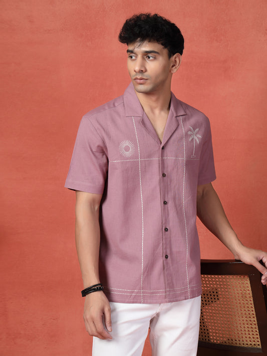 Men's Mauve Color Embroidered Cotton Cubans Collar Shirt