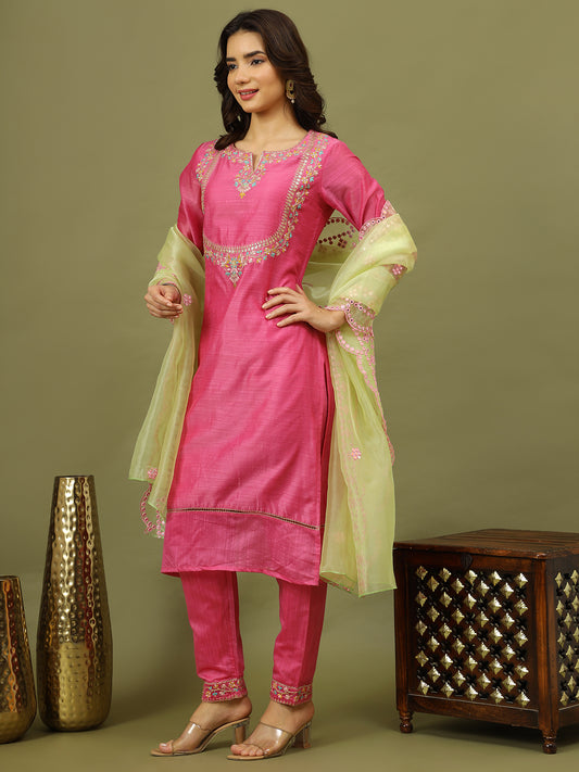 Women Pink Color Floral Embroidered Kurta with Trousers & Dupatta