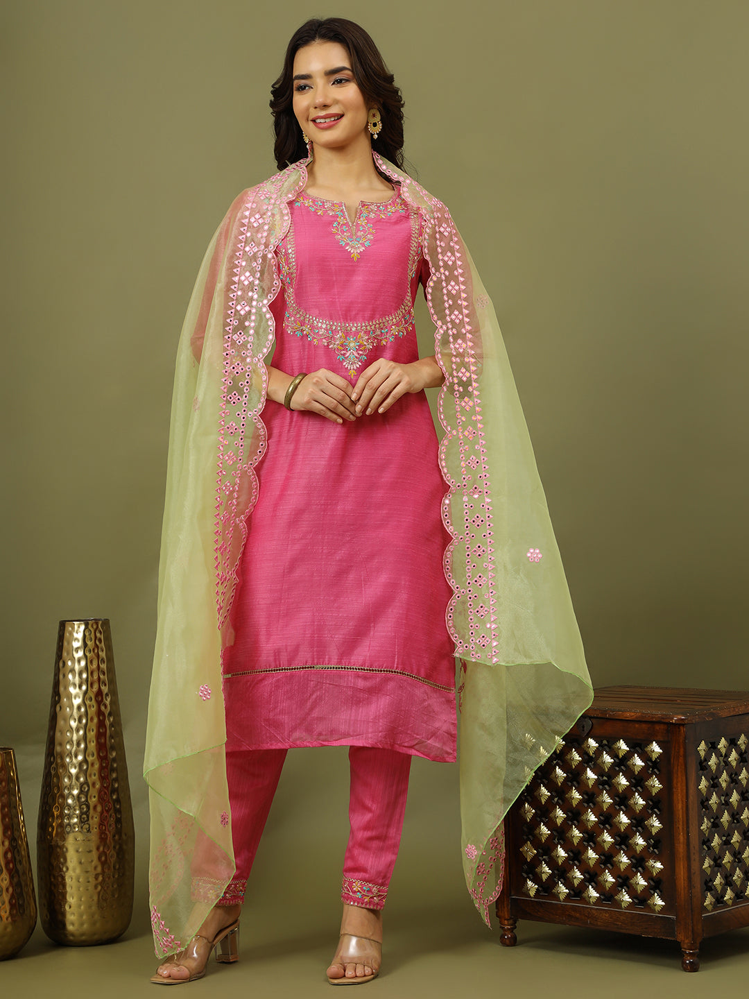 Floral Embroidered Kurta with Trousers & Dupatta