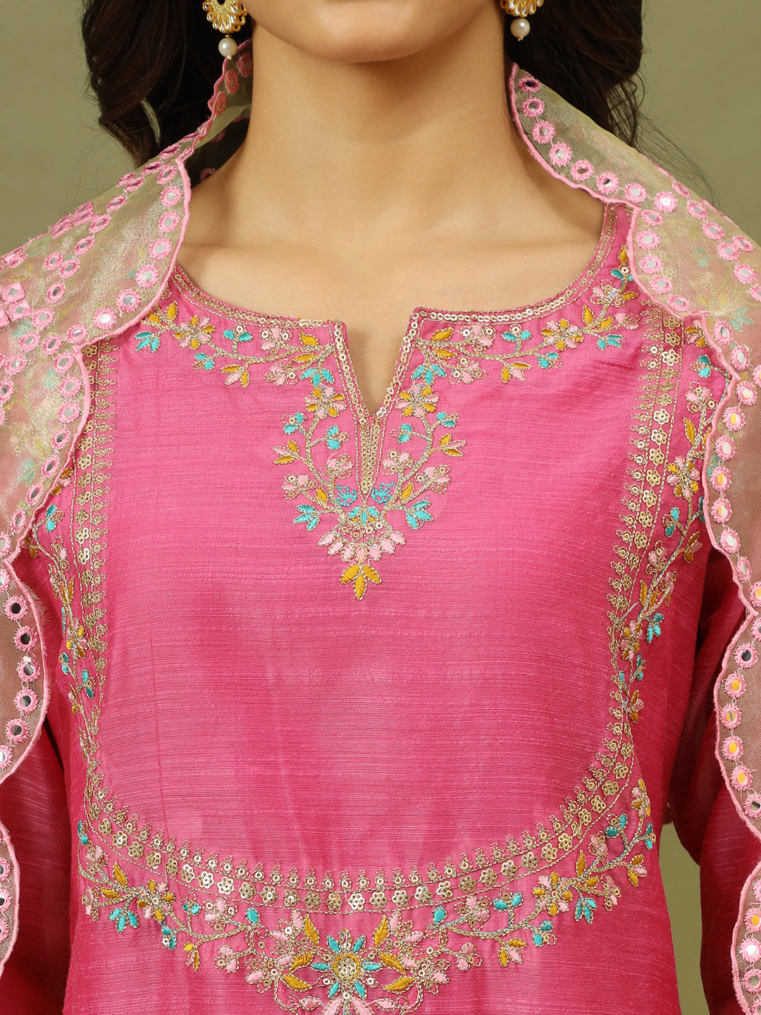 Floral Embroidered Kurta with Trousers & Dupatta