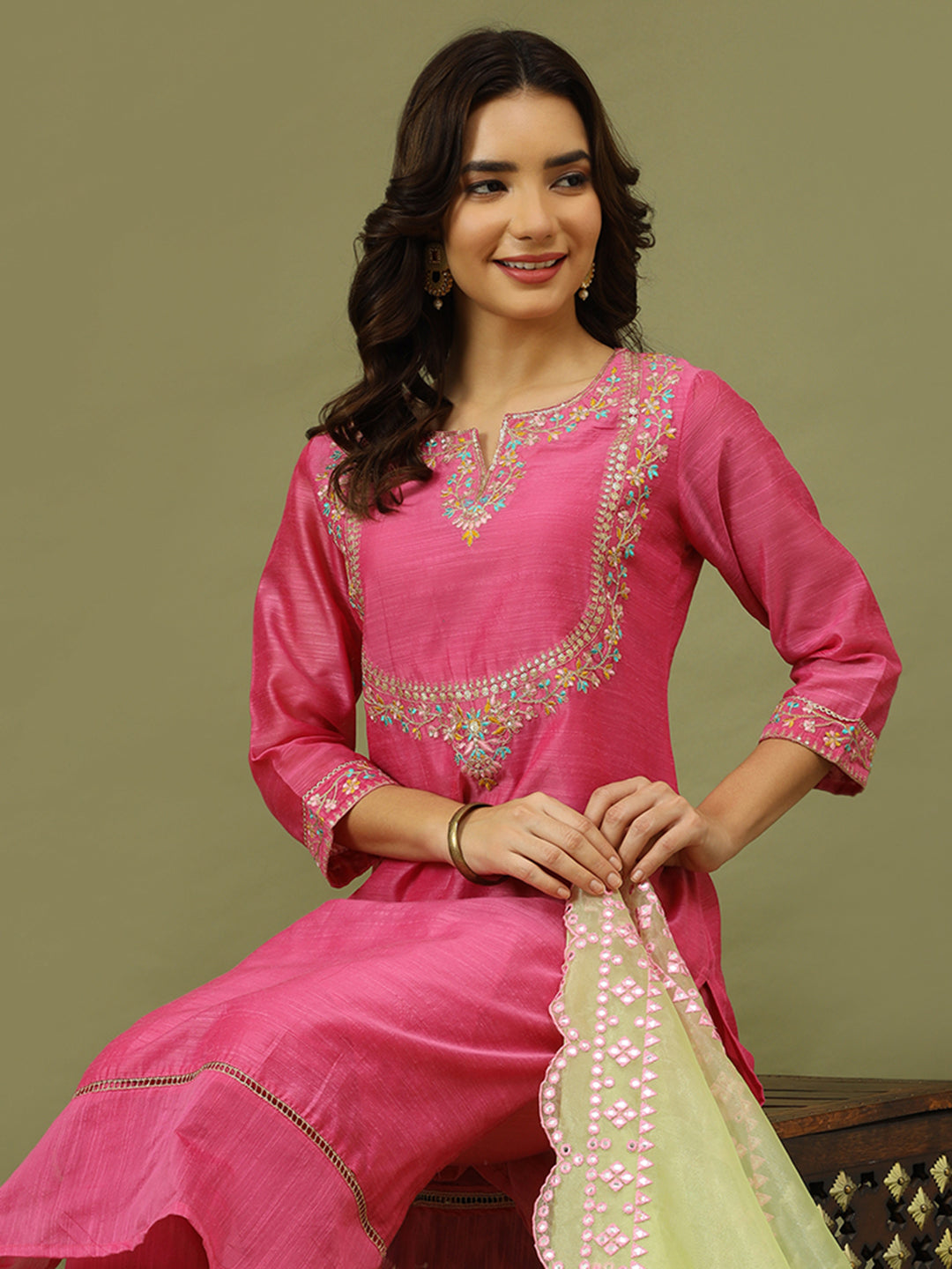 Floral Embroidered Kurta with Trousers & Dupatta