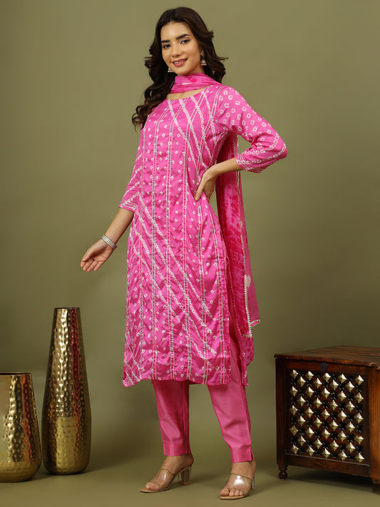 Women Bandhani Printed Silk Kurta with Trousers & Dupatta