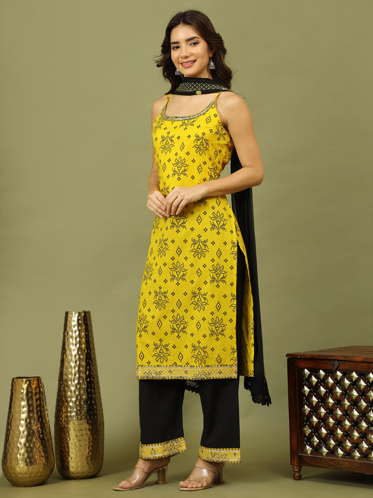 Women Bandhani Embroidered Cotton Kurta with Palazzo & Dupatta