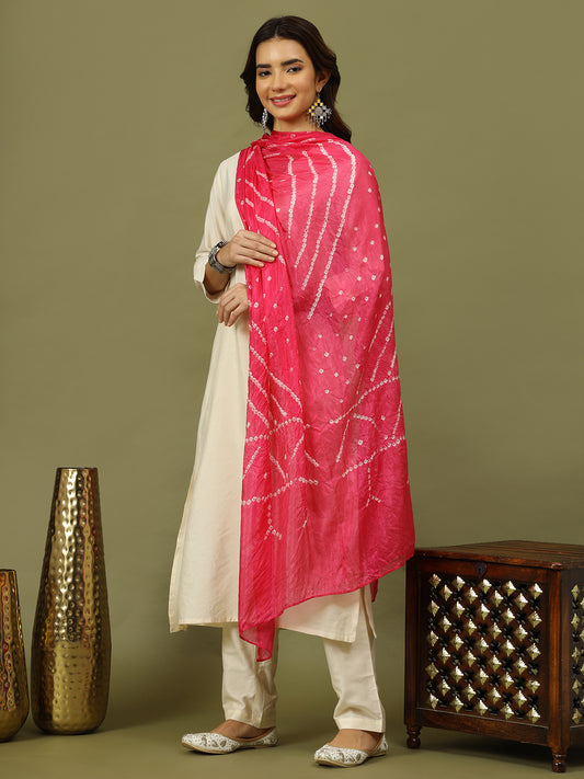 Women Solid Kurta with Trousers & Bandhani Printed Pink Color Dupatta