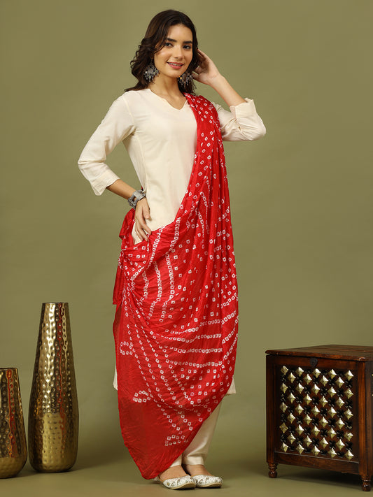 Women Solid Kurta with Trousers & Bandhani Printed Red Color Dupatta