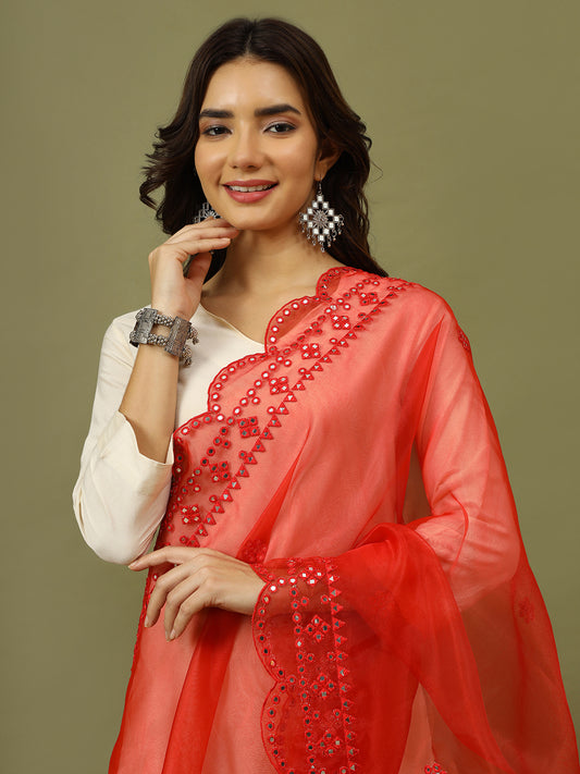 Women Solid Kurta with Trousers & Red Embroidery Dupatta