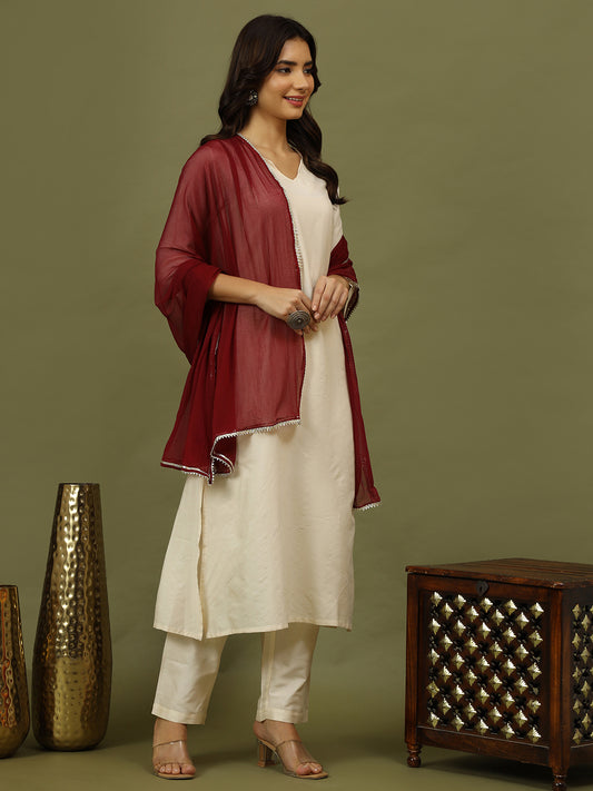 Women Solid Kurta with Trousers & Wine Color Dupatta