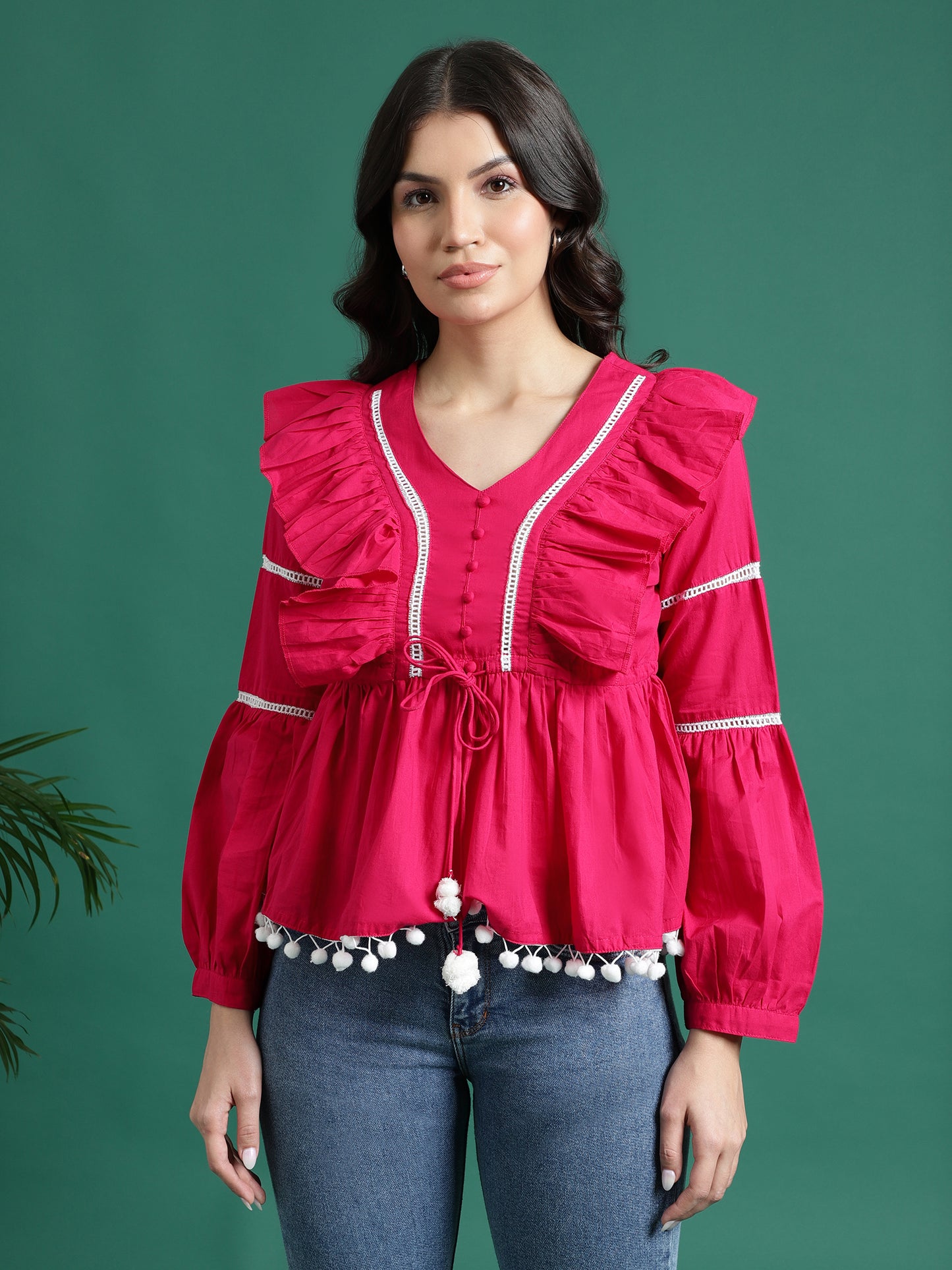 Women Pink Color V-Neck Gathered Cotton Peplum Tops