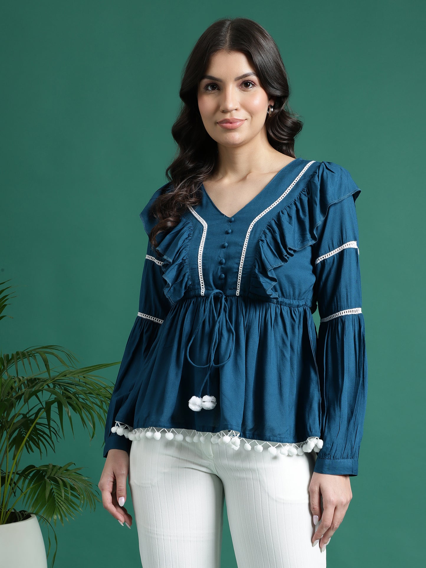 Women Blue V-Neck Gathered Cotton Peplum Tops