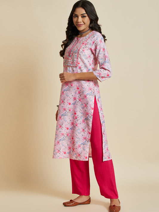 Women Pink Color Printed & Embroidery  kurta