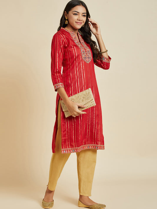 Women Red Color Printed & Embroidery  kurta
