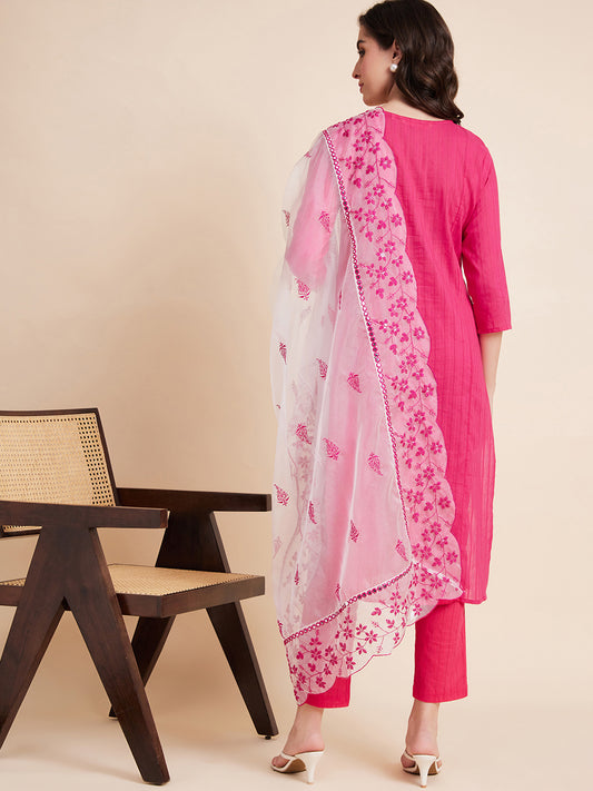 Women Pink Color Embroidery Kurta Pant With Dupatta Set