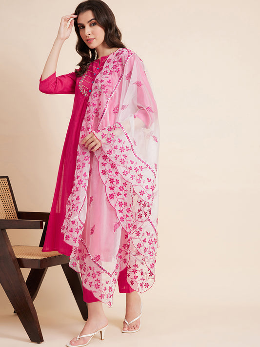 Women Pink Color Embroidery Kurta Pant With Dupatta Set