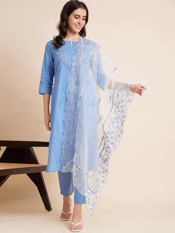 Women Turquoise Blue Color Embroidery Kurta Pant With Dupatta Set