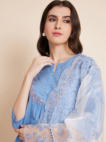 Women Turquoise Blue Color Embroidery Kurta Pant With Dupatta Set