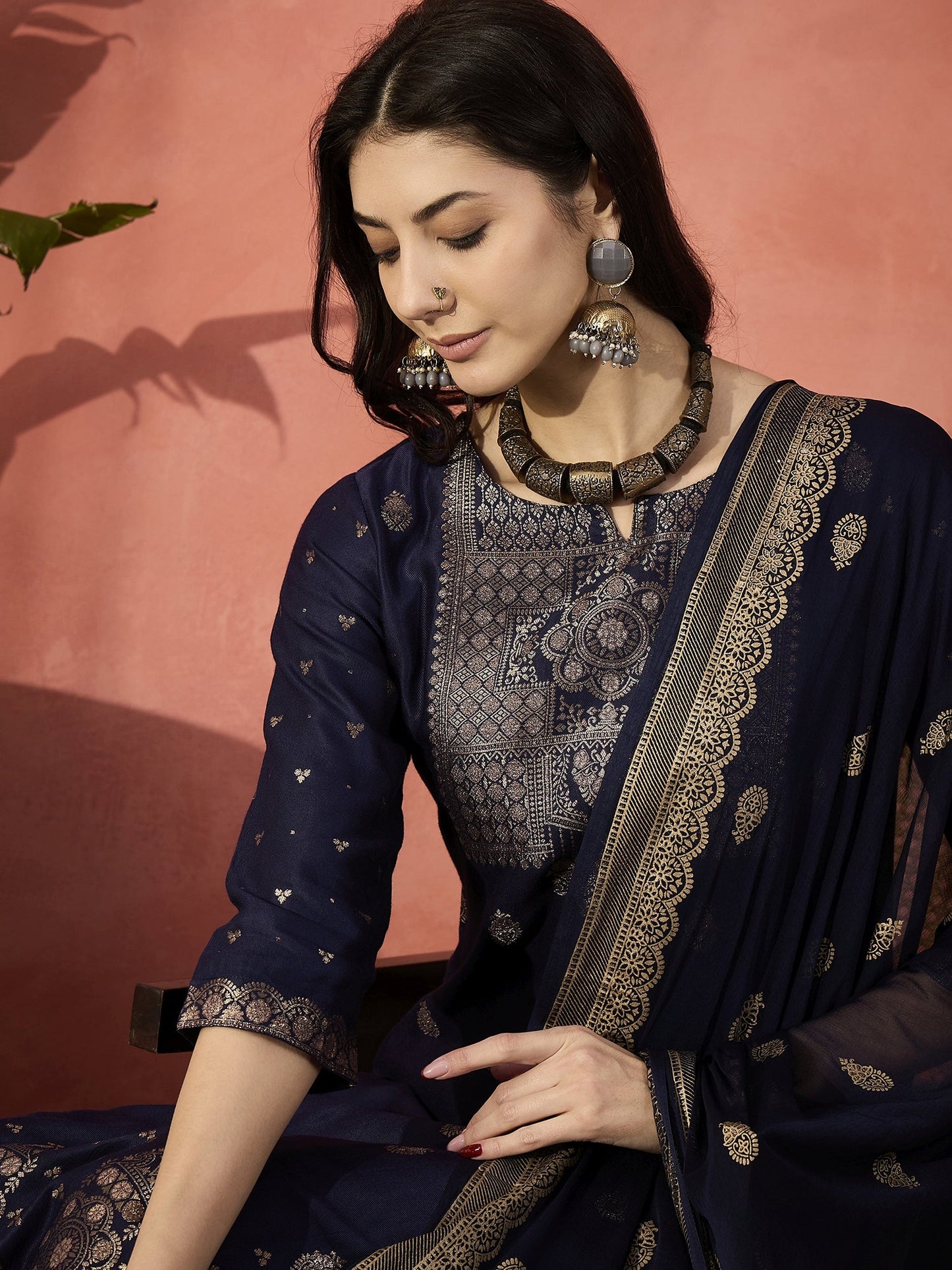 Women Embroidered Straight Round Neck Kurta & Trousers With Dupatta