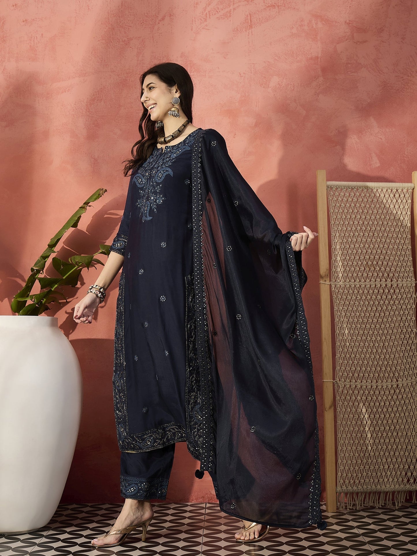 Women Black Floral Embroidered Notch Neck Straight Kurta With Trousers And Dupatta