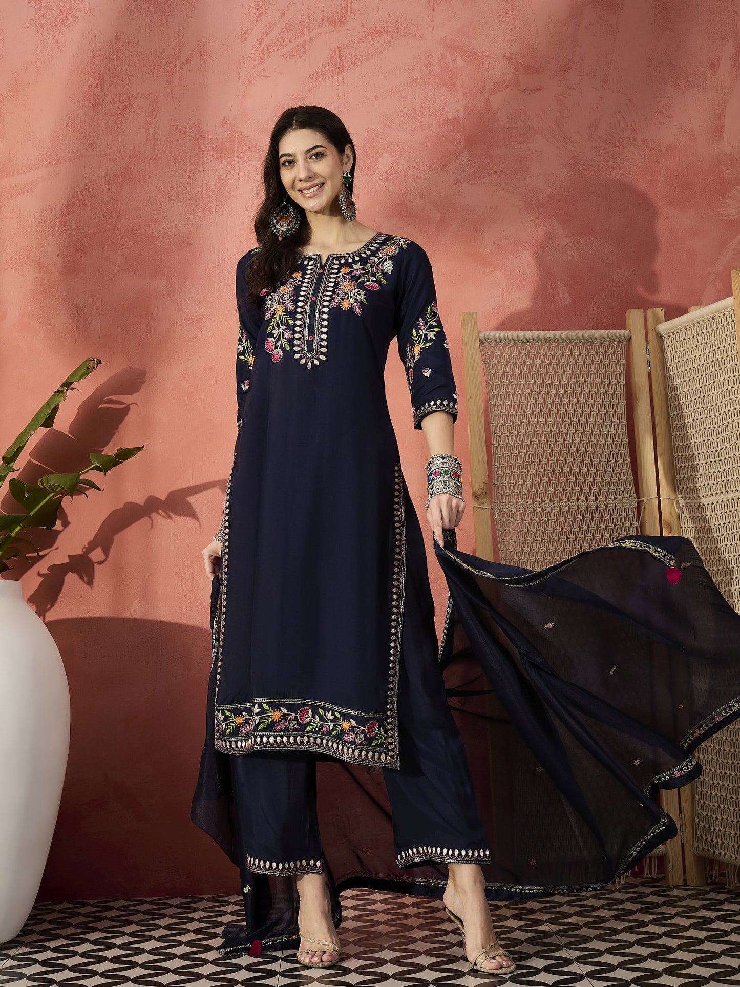 Women Navy Blue Self-Design Straight Kurta Set with Chiffon Dupatta