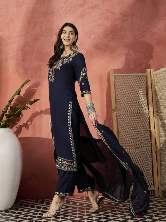 Women Navy Blue Self-Design Straight Kurta Set with Chiffon Dupatta
