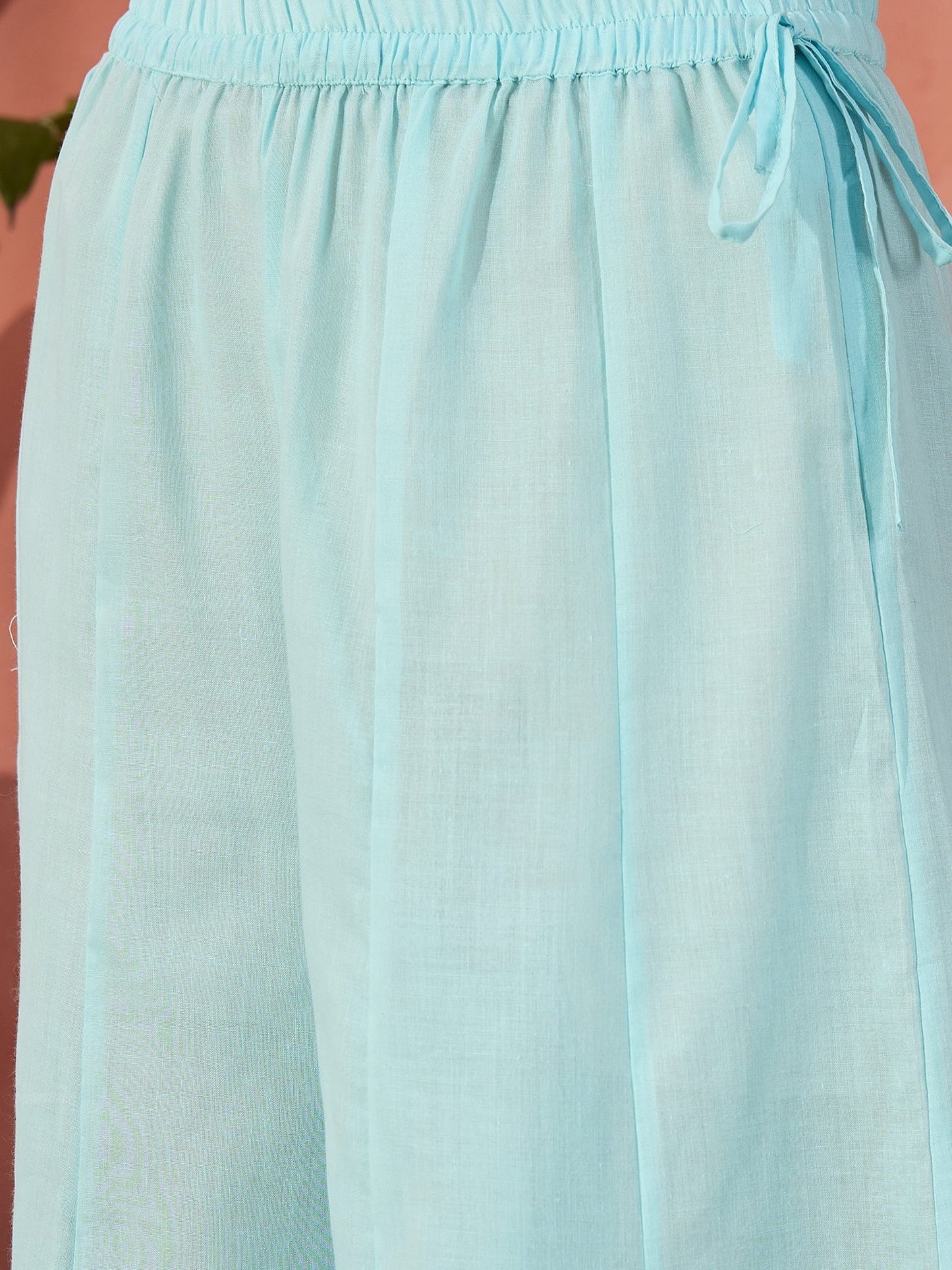 Women Turquoies Blue Embroidered Pure Cotton V-Neck Anarkali Kurta & Trousers With Dupatta