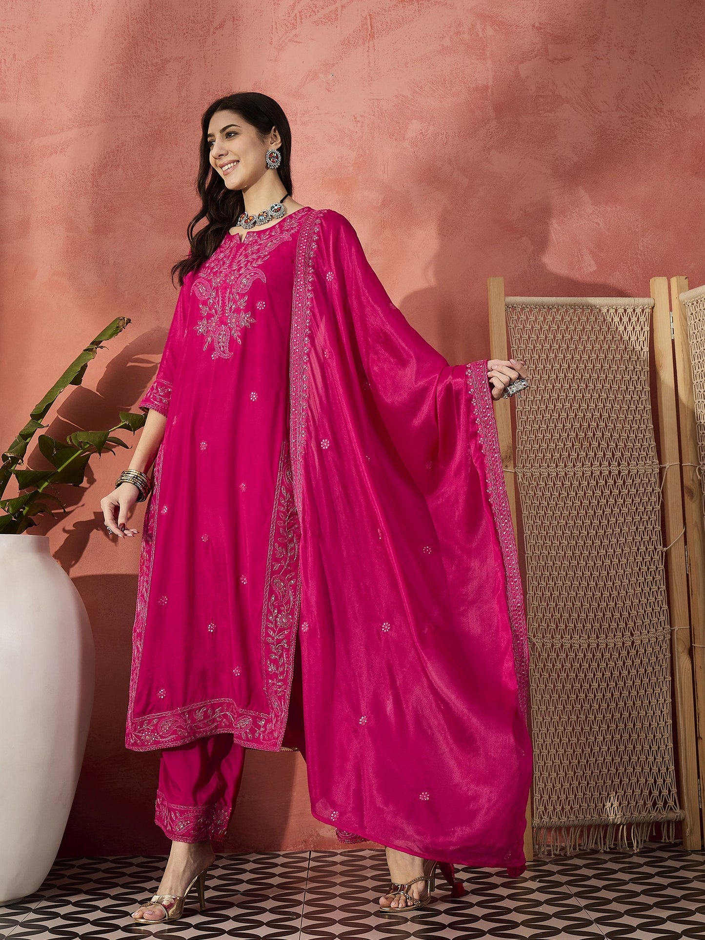 Women Pink Embroidered Straight Kurti Set with Silk Dupatta