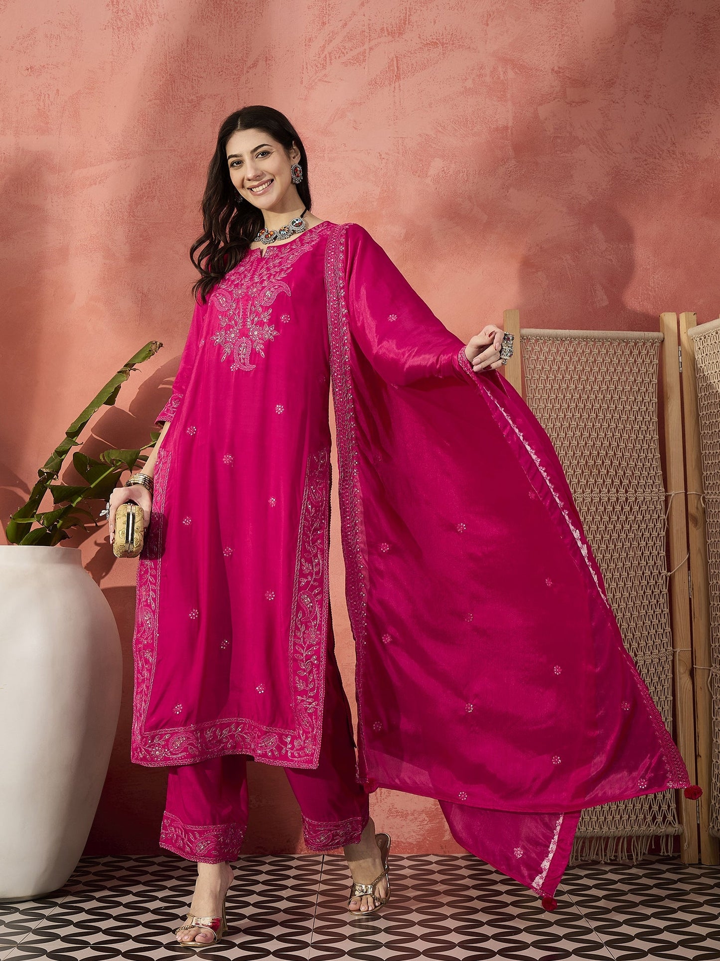 Women Pink Embroidered Straight Kurti Set with Silk Dupatta