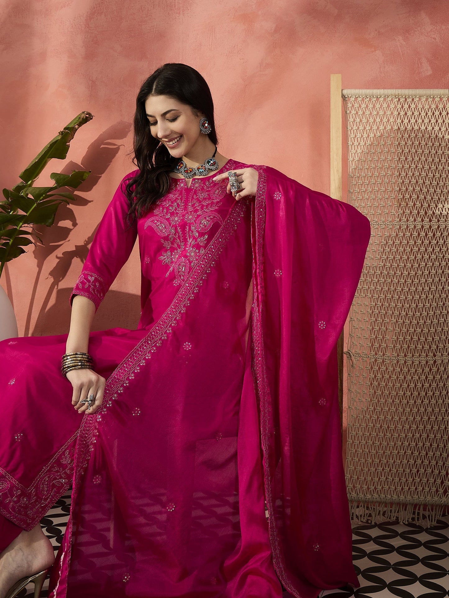 Women Pink Embroidered Straight Kurti Set with Silk Dupatta