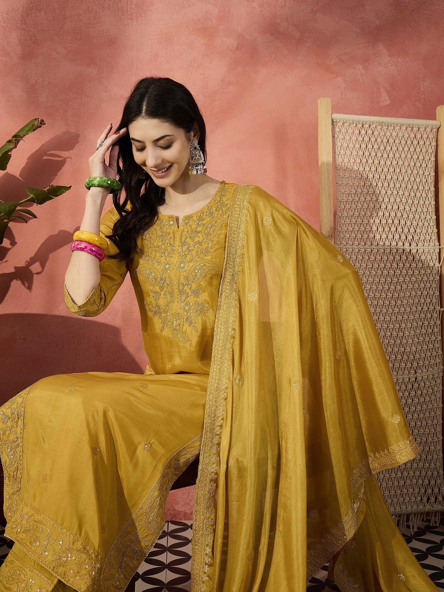 Women Mustard Floral Embroidered Notch Neck Straight Kurta With Trousers And Dupatta