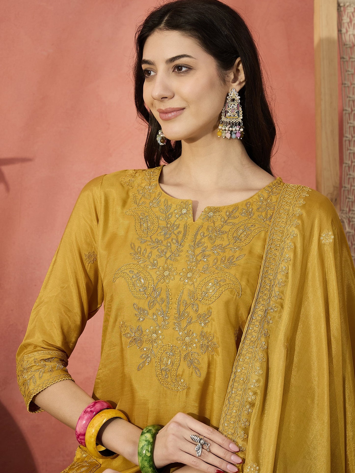 Women Mustard Floral Embroidered Notch Neck Straight Kurta With Trousers And Dupatta