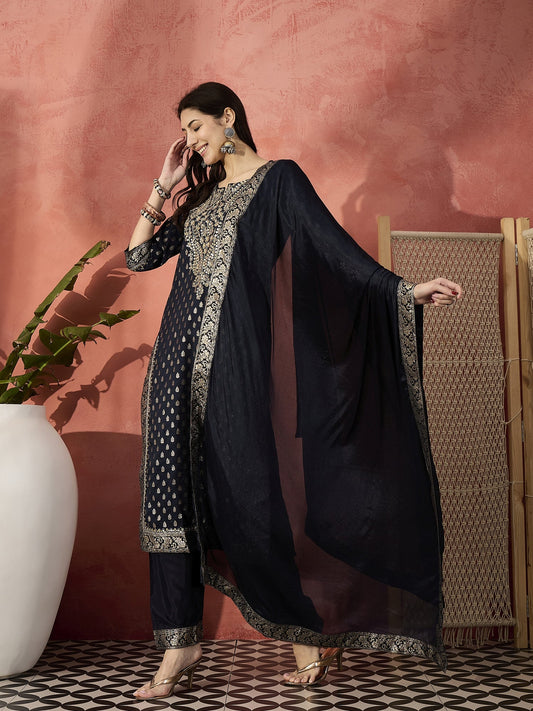 Women Navy Blue Embroidered Straight Kurta Set with Silk Dupatta