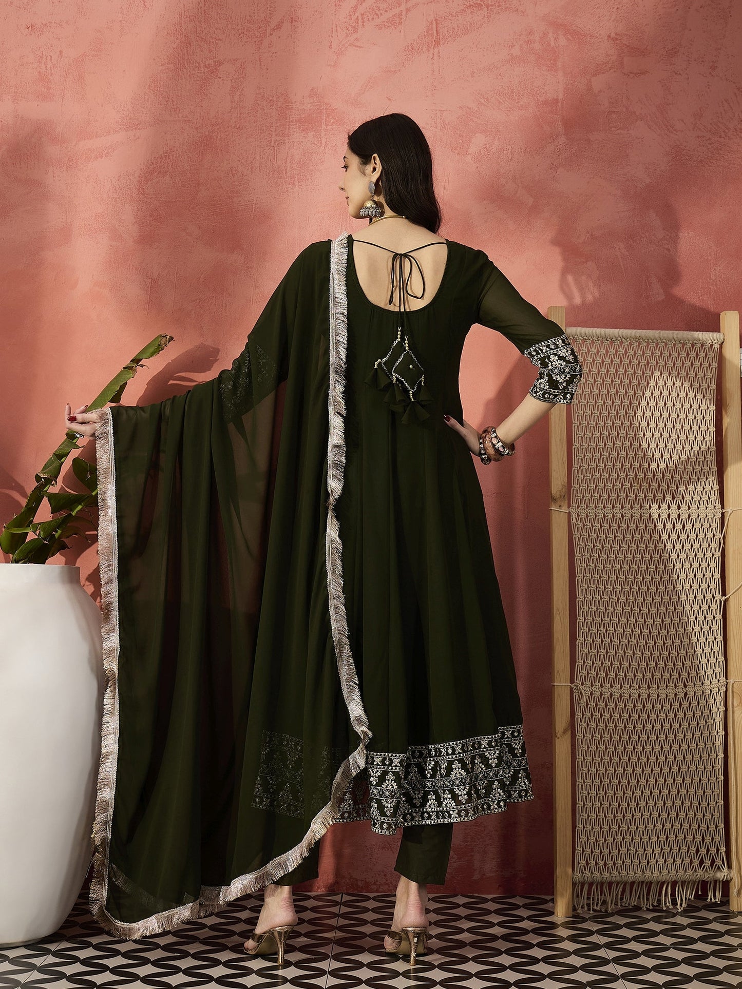 Women Embroidered Sequinned Pure Cotton Anarkali Kurta & Trousers With Dupatta