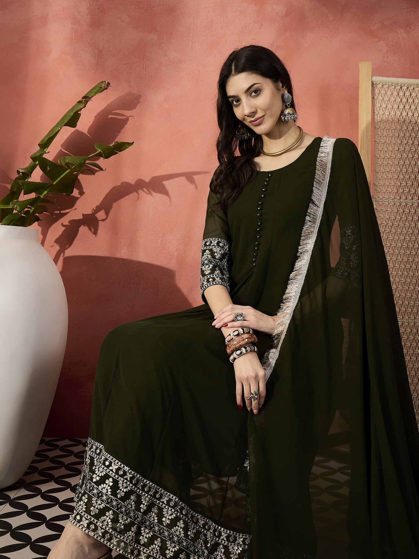 Women Embroidered Sequinned Pure Cotton Anarkali Kurta & Trousers With Dupatta