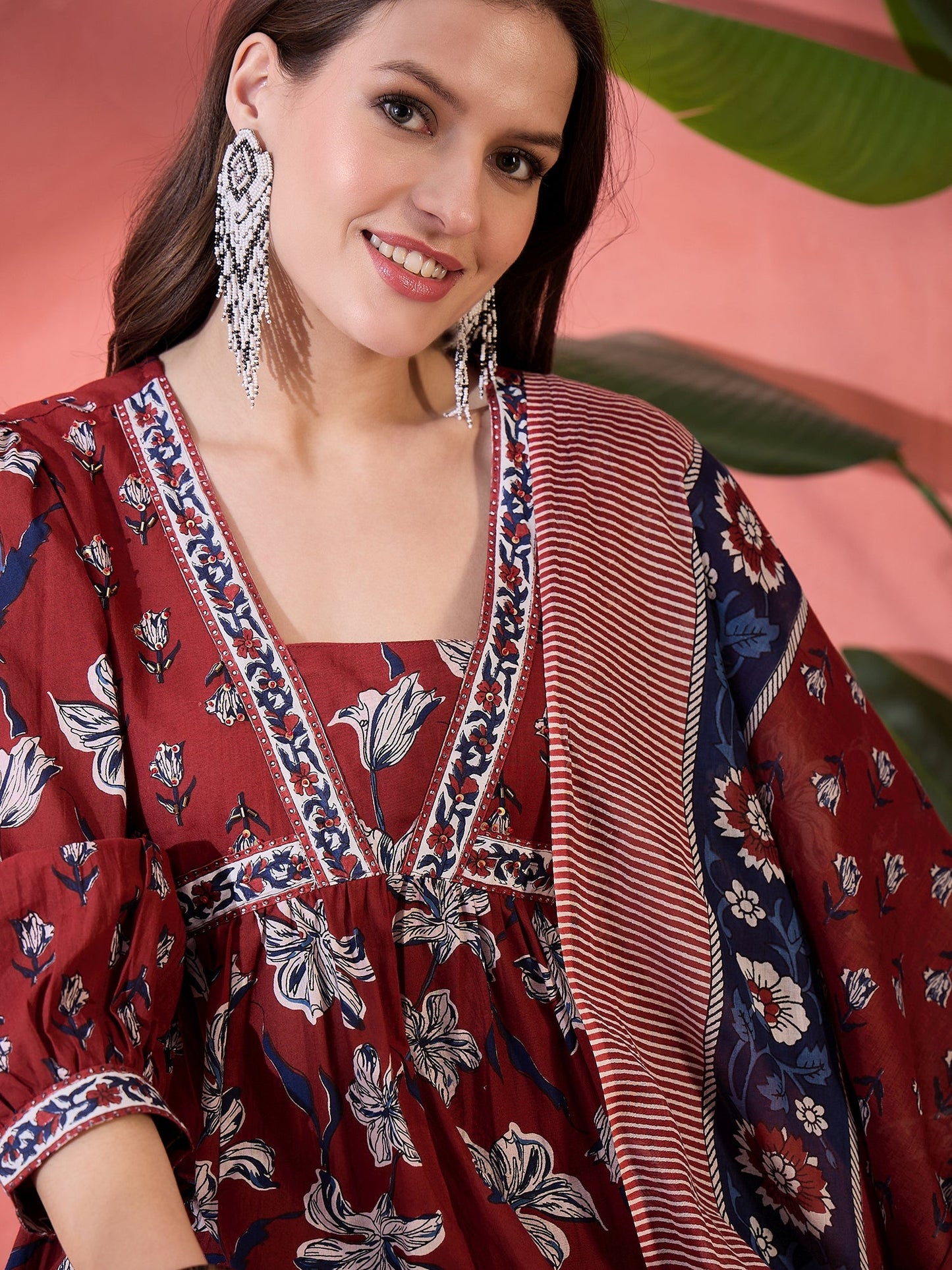 Women Maroon Printed Pure Cotton Kurta Palazzos & Dupatta