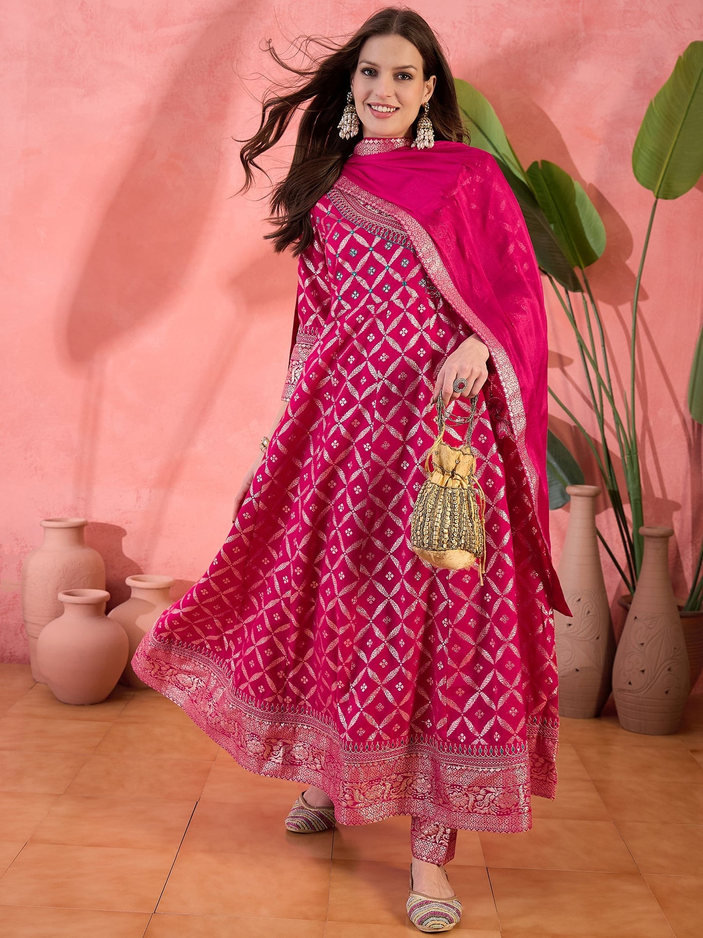 Women Pink Color Embroidered Kurta Trousers & Dupatta