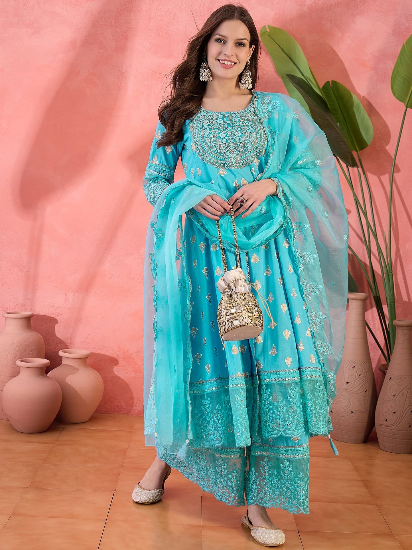 Women Turquoies Blue Embroidery Anarkali Kurta Sharara Set With Dupatta in Turquoise Blue