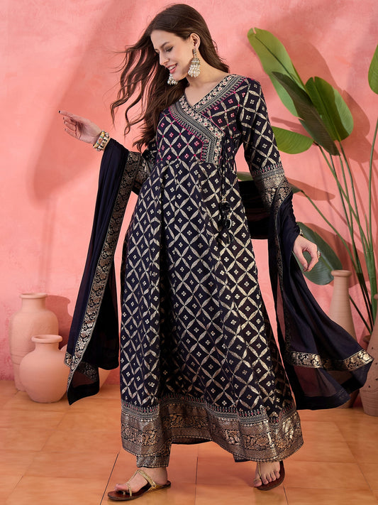 Women Blue Color Embroidered Kurta Trousers & Dupatta