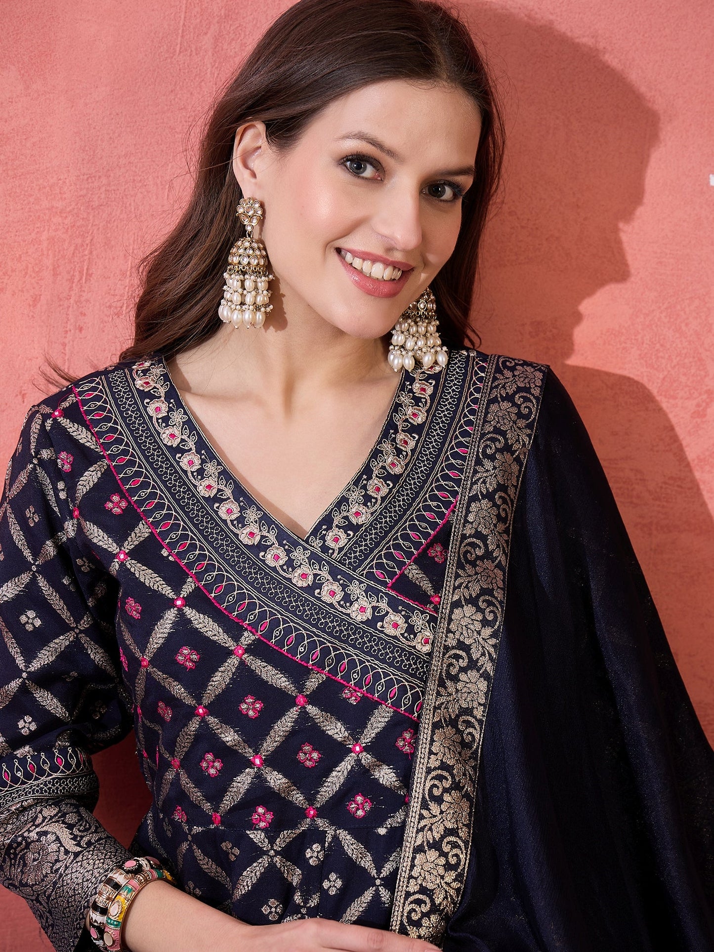 Women Blue Color Embroidered Kurta Trousers & Dupatta