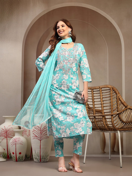 Women Turquoise Blue Pure Cotton Kurta Sets