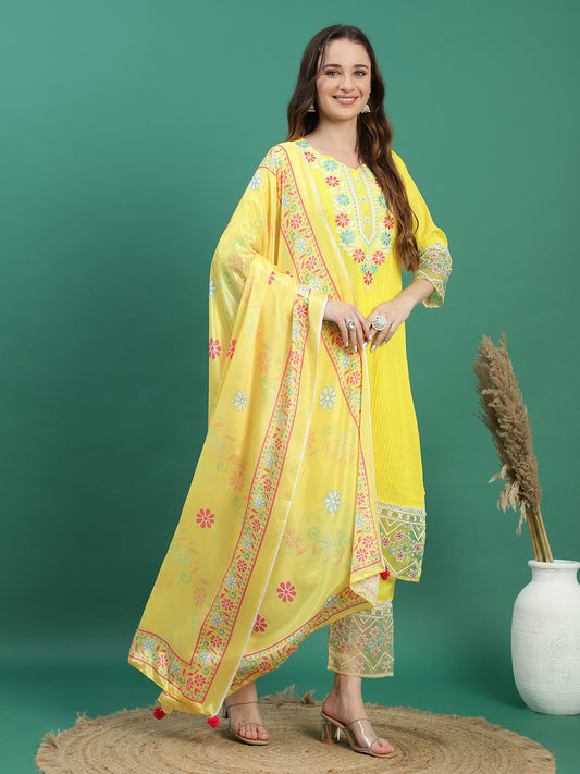 Women Yellow Cotton Embroidered Straight Kurta Set