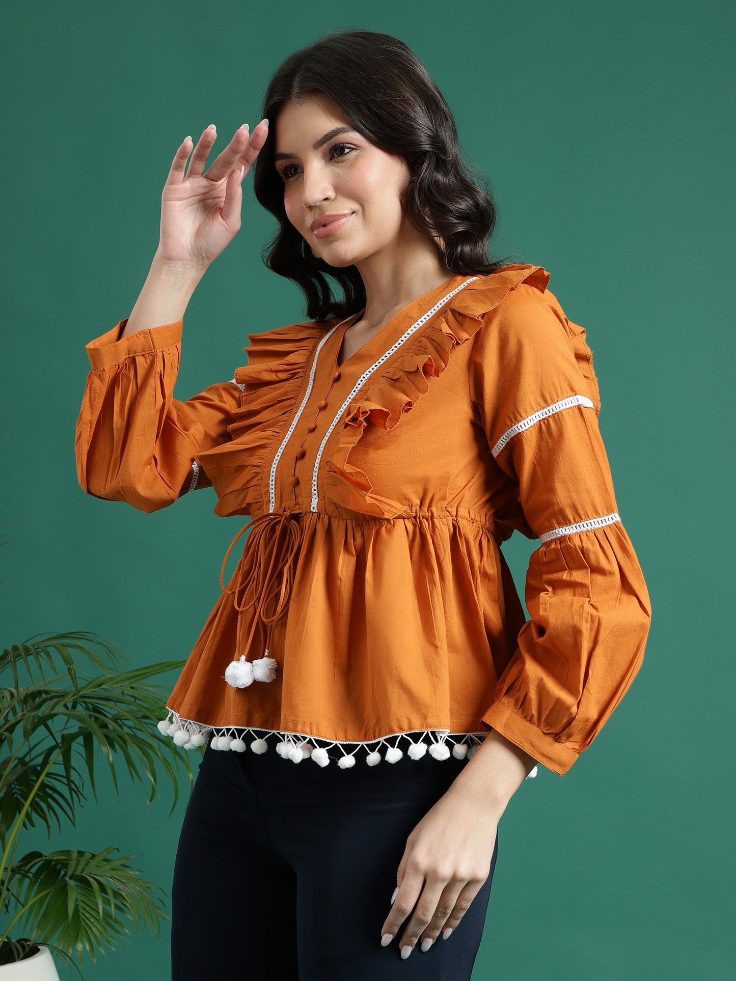 Women Mustard Color V-Neck Gathered Cotton Peplum Tops