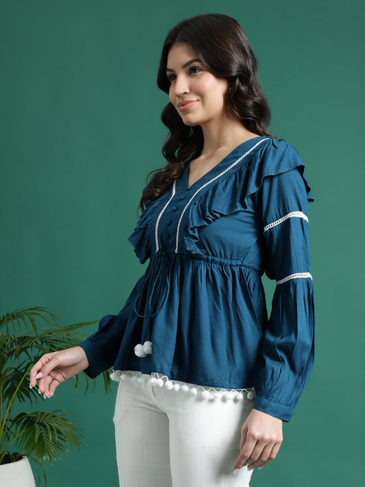 Women Blue V-Neck Gathered Cotton Peplum Tops