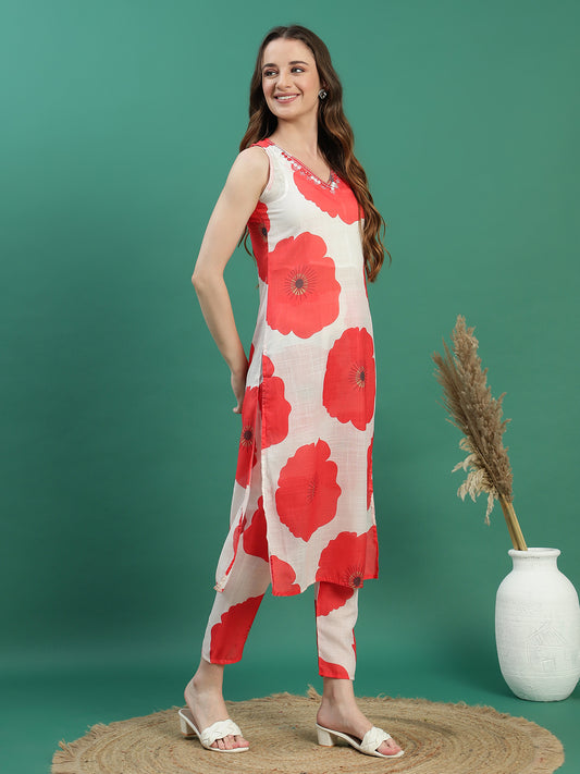 Women White Embroidered Sleeveless A-Line Kurta Set