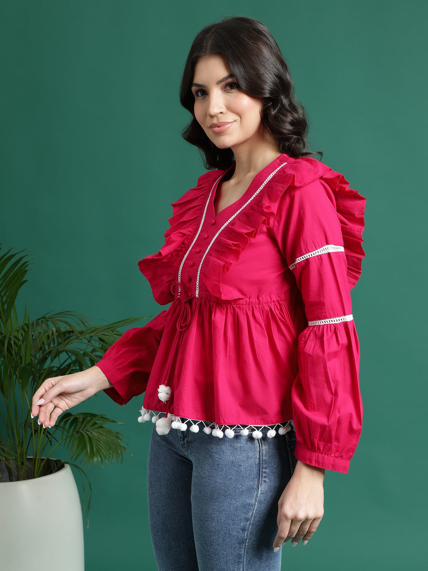 Women Pink Color V-Neck Gathered Cotton Peplum Tops