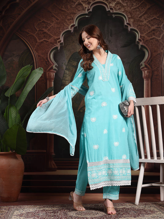 Women Turquoise Blue Pure Cotton Kurta Sets