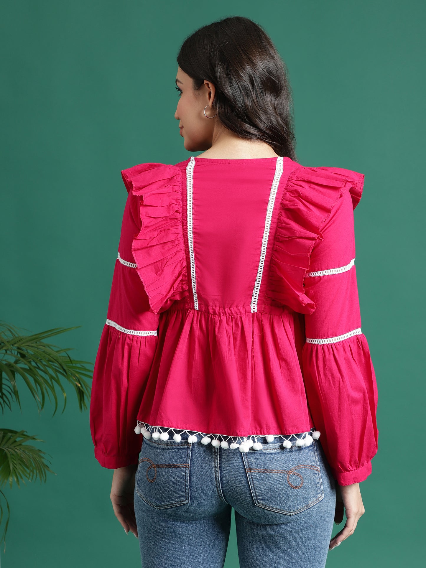 Women Pink Color V-Neck Gathered Cotton Peplum Tops