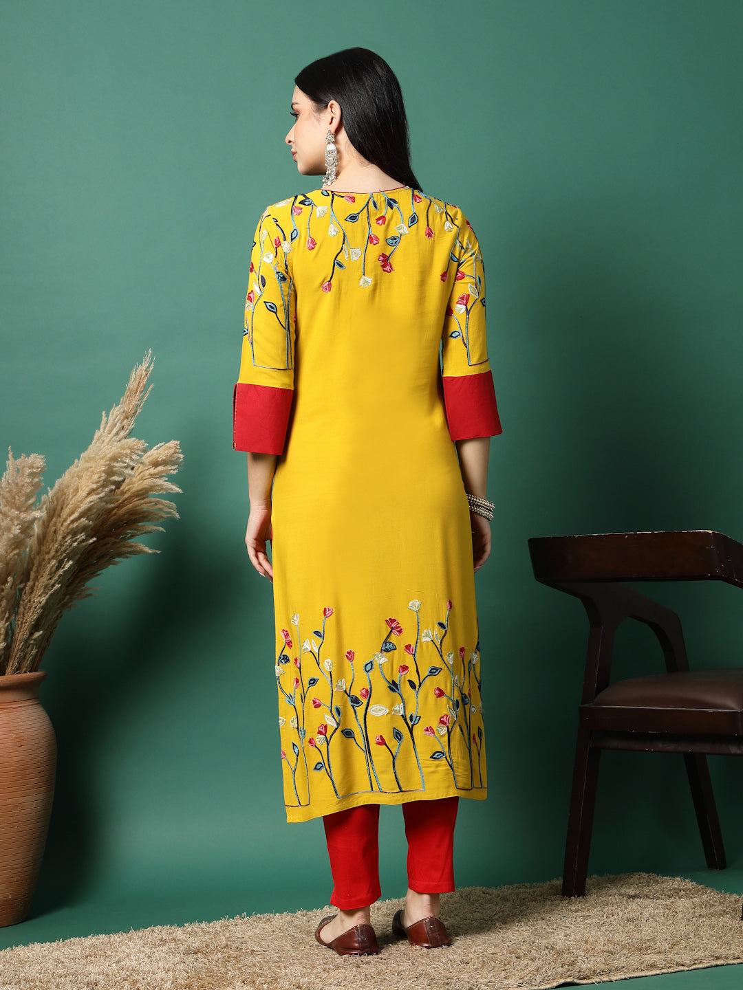 Women Mustard Rayon Embroidered Straight Kurta