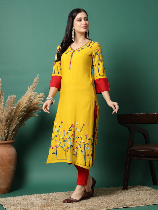 Women Mustard Rayon Embroidered Straight Kurta