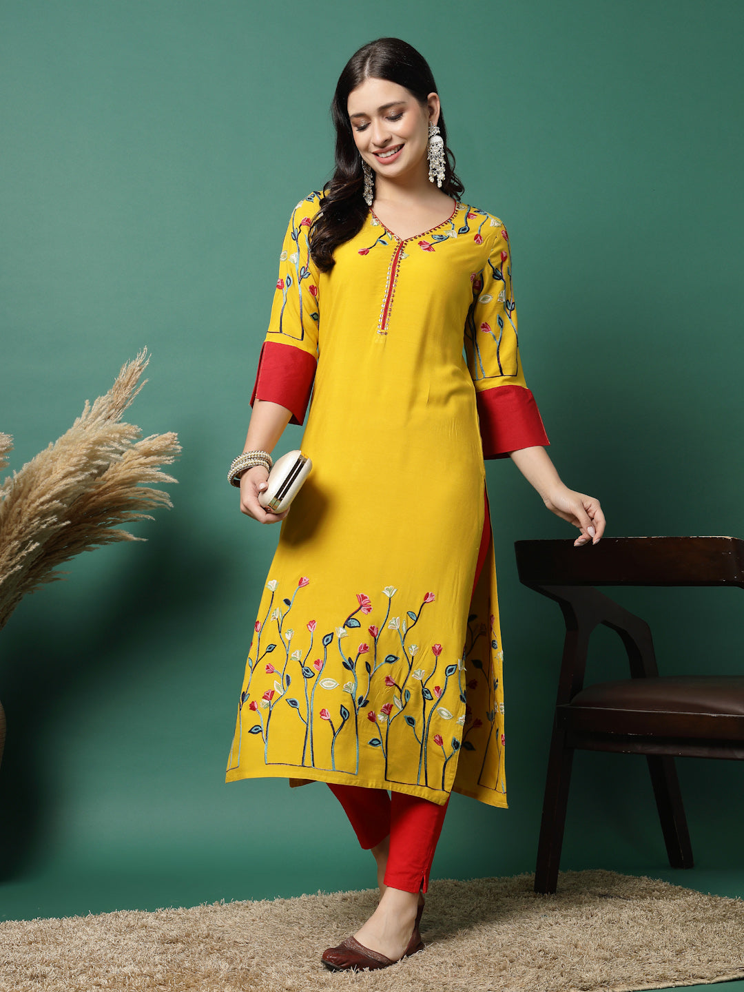 Women Mustard Rayon Embroidered Straight Kurta