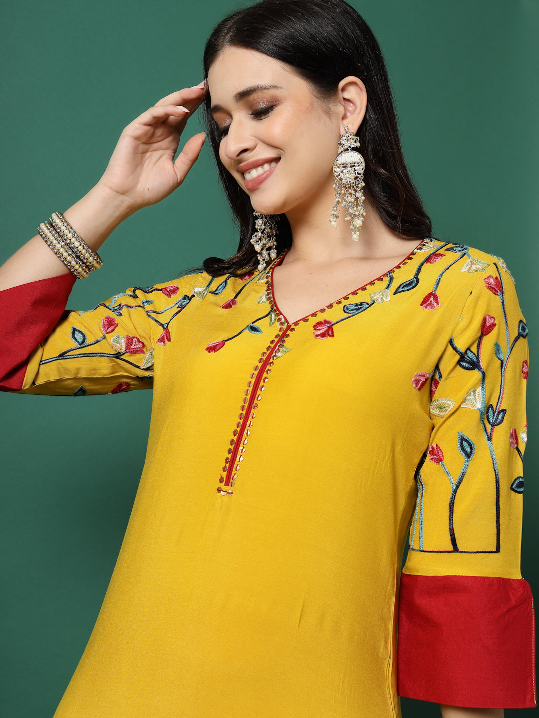 Women Mustard Rayon Embroidered Straight Kurta